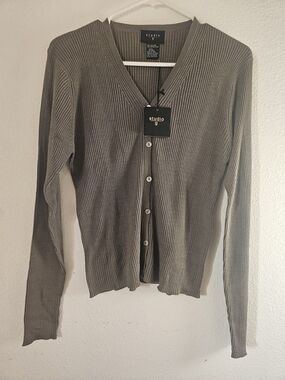 Studio G Slim Ribbed V-Neck Cardigan in Olive Brown